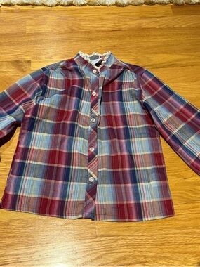 Vintage Land and Sea Girls Plaid Button-Front Shirt with Lace Trim - size 8